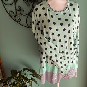EUC Crown & Ivy Long Sleeve Tunic Top SZ LG Mint Green/Navy/White